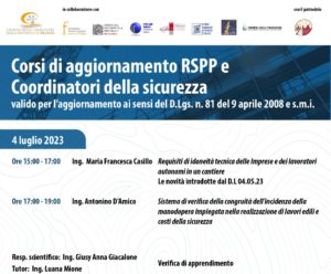 Corso di aggiornamento per Coordinatori della Sicurezza e RSPP - 4 luglio 2023 -